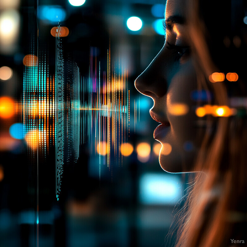 A woman's profile in front of a cityscape at night with blurred lights creating an abstract effect.