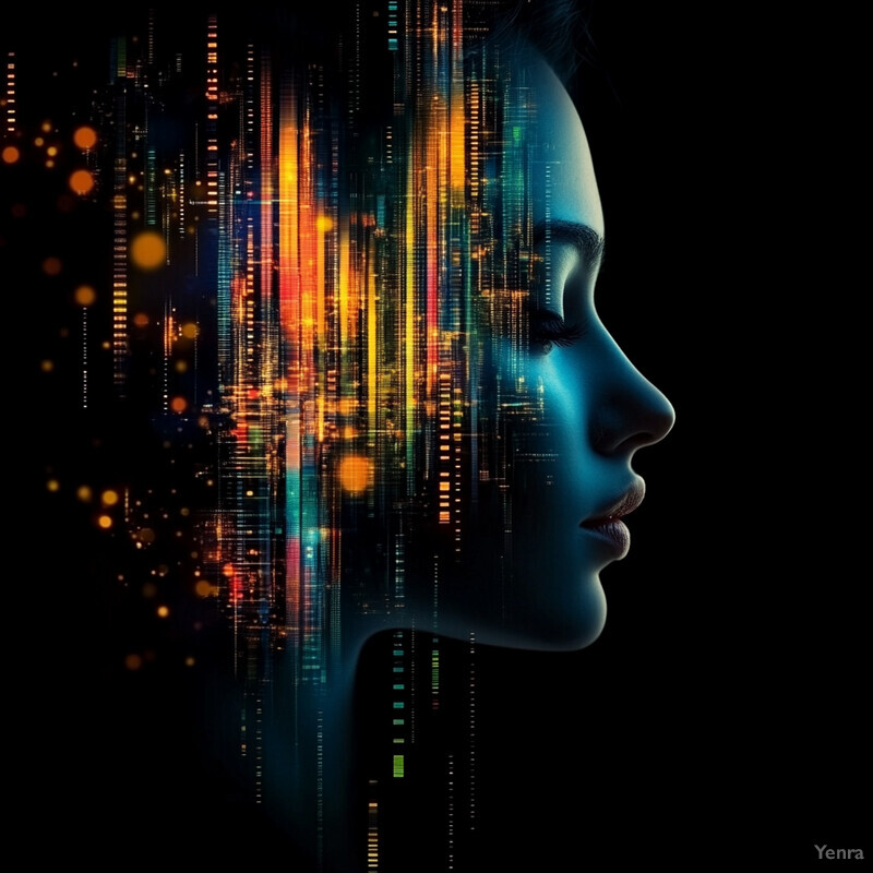 A digital artwork featuring a woman's face with abstract patterns emanating from her head.