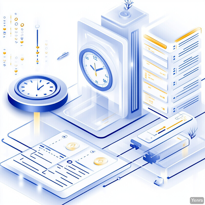 Abstract representation of Service Level Agreement SLA Adherence, featuring objects and symbols related to time management and organization.