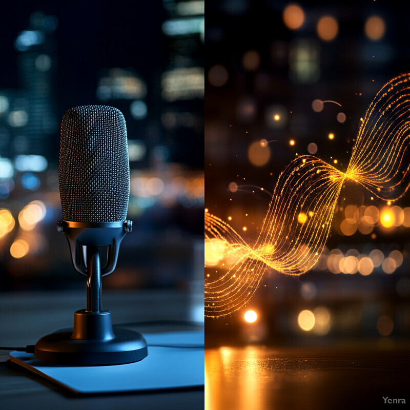 A black microphone sits on a gray desk in front of a nighttime city skyline, accompanied by a vibrant yellow graphic overlay.