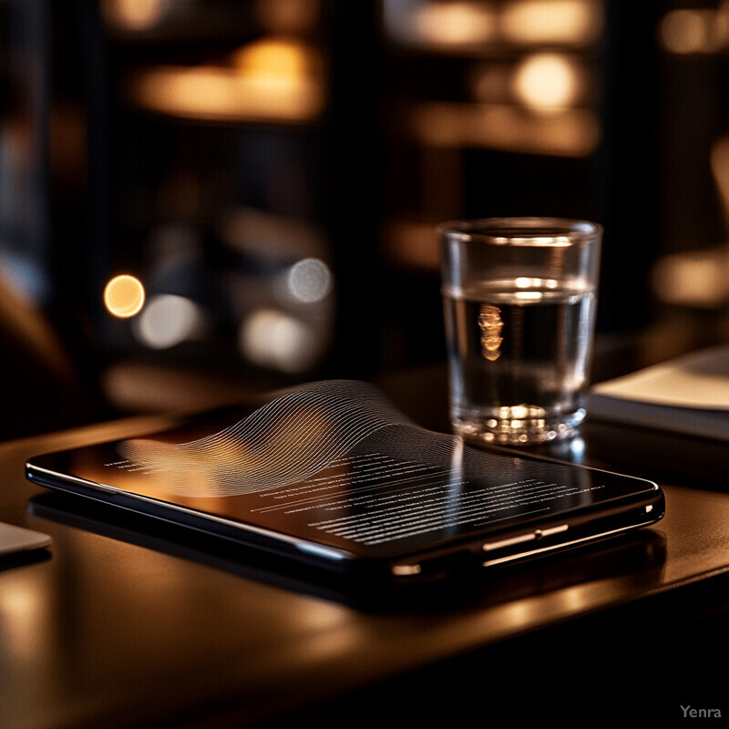 An electronic device with a dark screen and white text sits on top of another object in a dimly lit room.