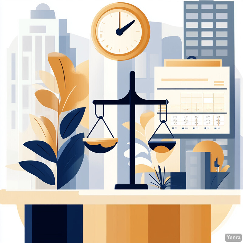 The image depicts a graphic representation of workforce optimization and capacity planning, featuring two black scales, a clock, a calendar, a plant, and a box in an office setting.