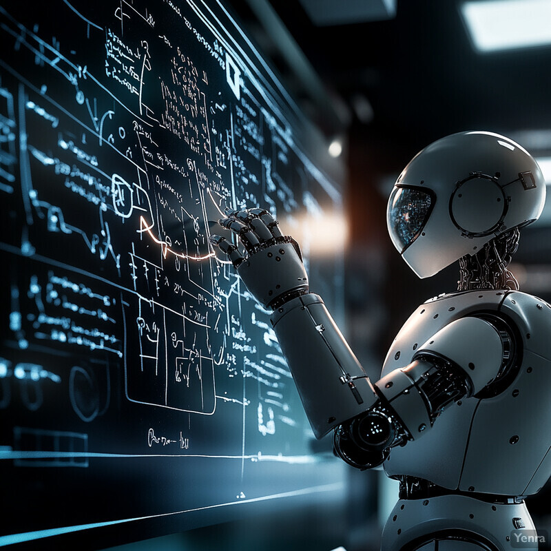 A robot is engaged in active learning for continuous improvement, interacting with a screen displaying equations and mathematical formulas.