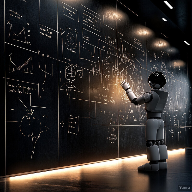 A robot stands in front of a large chalkboard filled with complex equations and diagrams, engaged in active learning for continuous improvement.