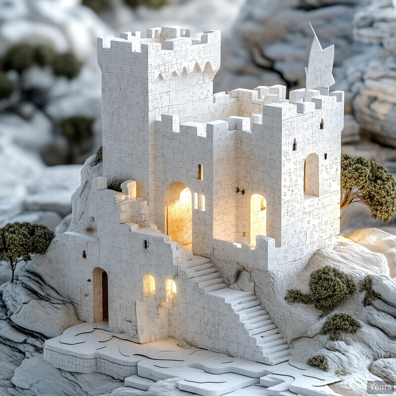 A miniature white stone castle sits atop a rocky outcropping, surrounded by trees and evoking a sense of medieval grandeur.