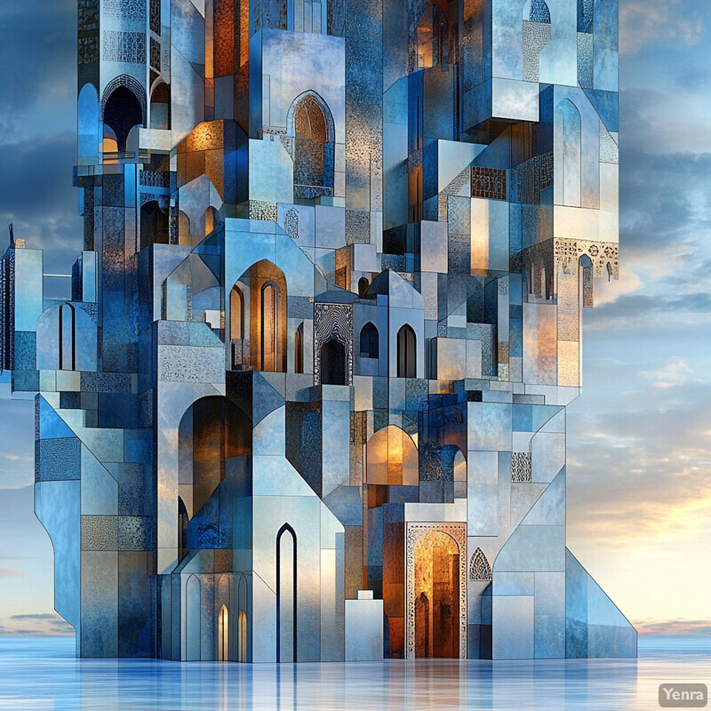 An abstract architectural structure composed of blue and gold blocks in various shapes and sizes, reminiscent of Islamic architecture.