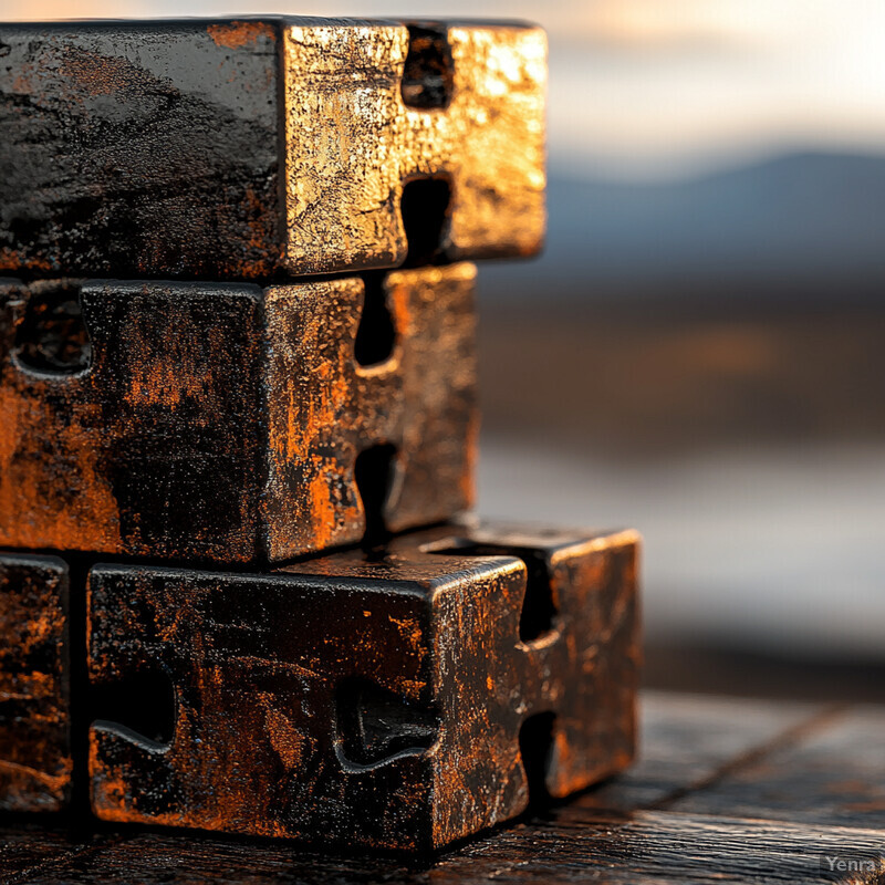 A stack of four metal blocks with a rough texture and orange hue.