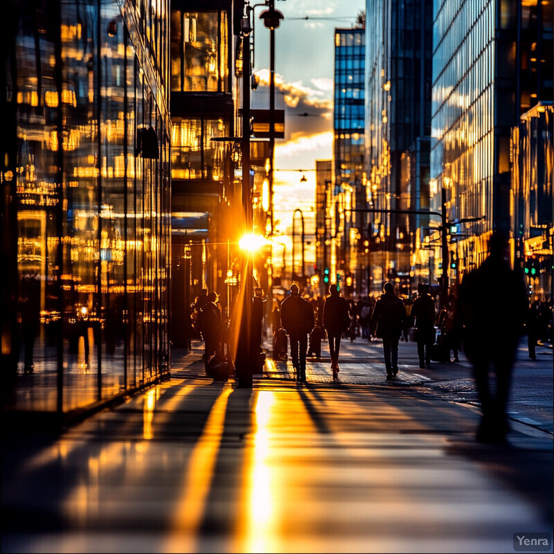 A bustling city street scene at sunset or sunrise, with pedestrians and streetlights.