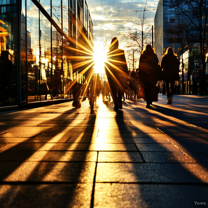 A city street scene at sunset or sunrise with people walking along the sidewalk and buildings lining the street.