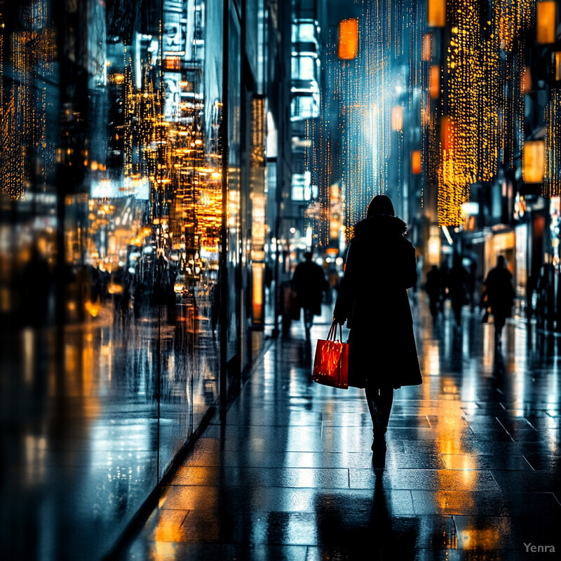 A woman walks down a city street at night with a red shopping bag in hand.