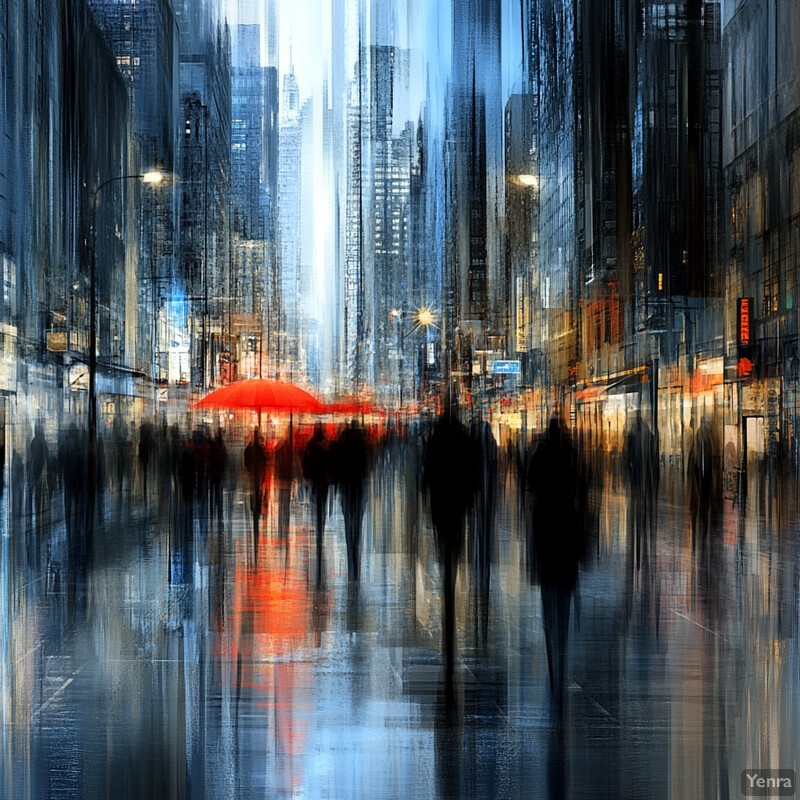 A rainy day city street scene with a red umbrella and people walking.