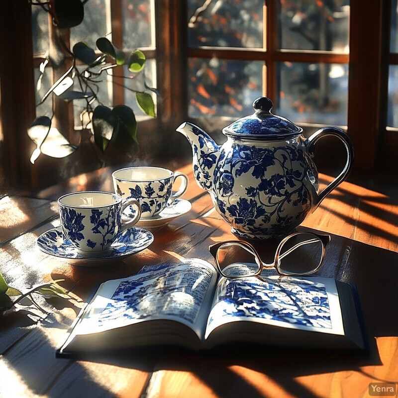 A cozy indoor setting with a teapot and cups on a wooden table in front of a window.