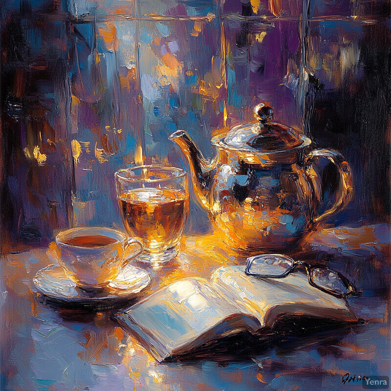 A serene and inviting painting of a teapot, cup, saucer, book, and glasses on a table.