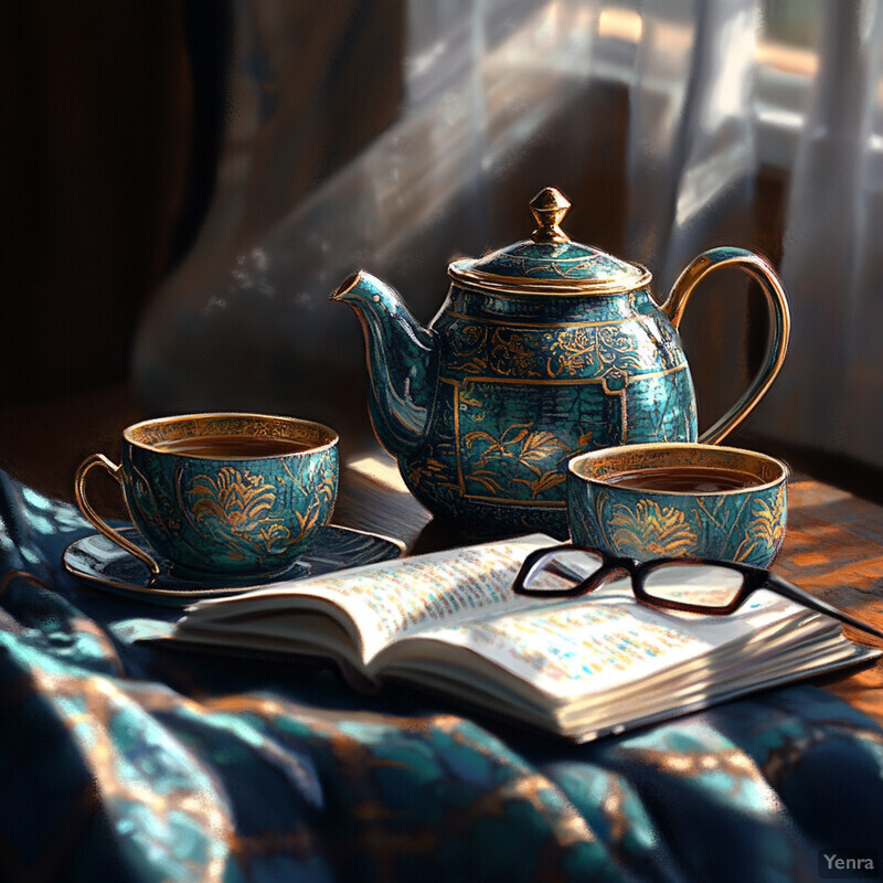 A blue teapot and cups sit on a table next to an open book.