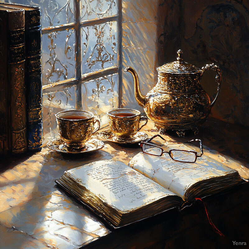 An oil painting of a serene scene featuring a gold teapot and cups on an open book or journal, with books and glasses nearby.