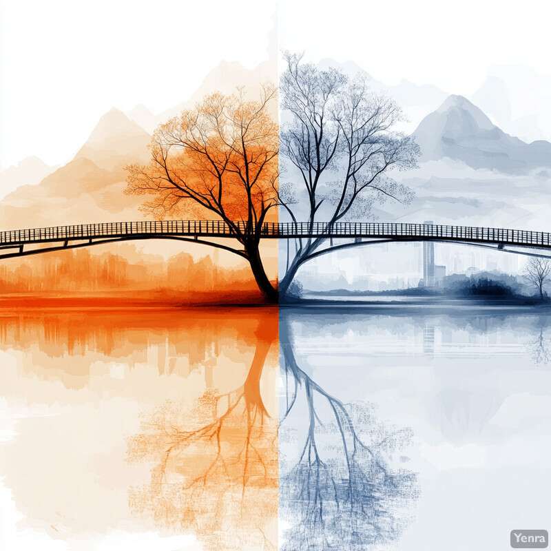 A serene landscape with a bridge and a tree in the background.