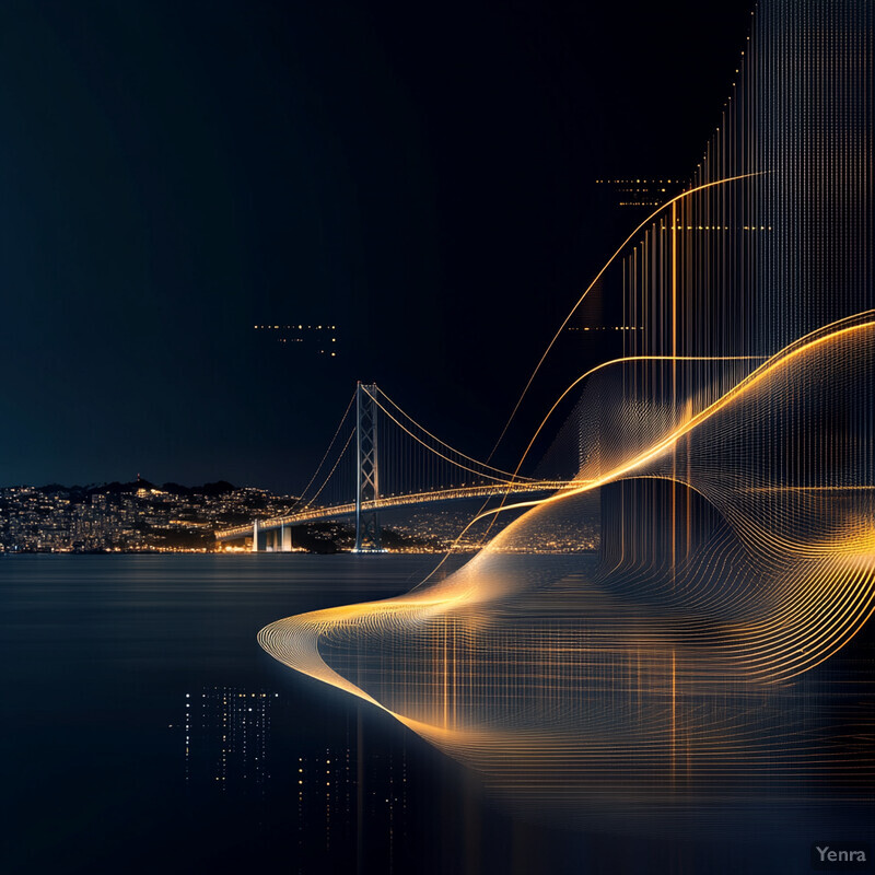 A cityscape at night with a bridge and buildings in the background.