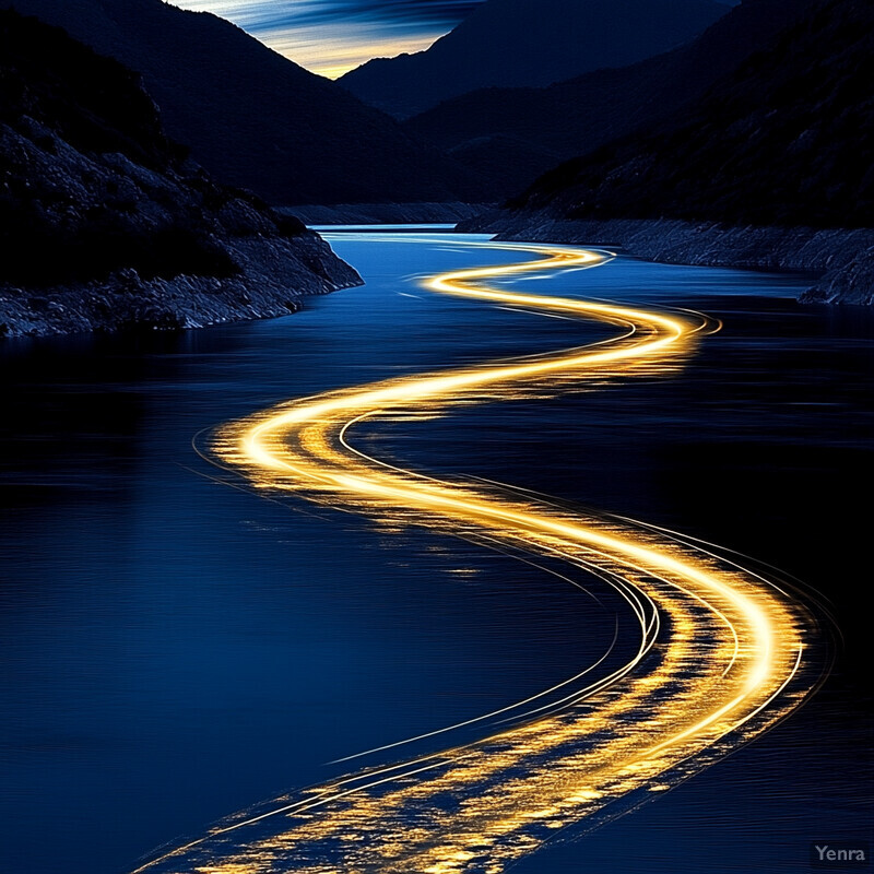 A winding road or path traverses a body of water, surrounded by mountains in the distance.