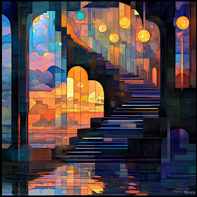 A fantasy world with stairs leading to a cloudy sky filled with floating orbs.