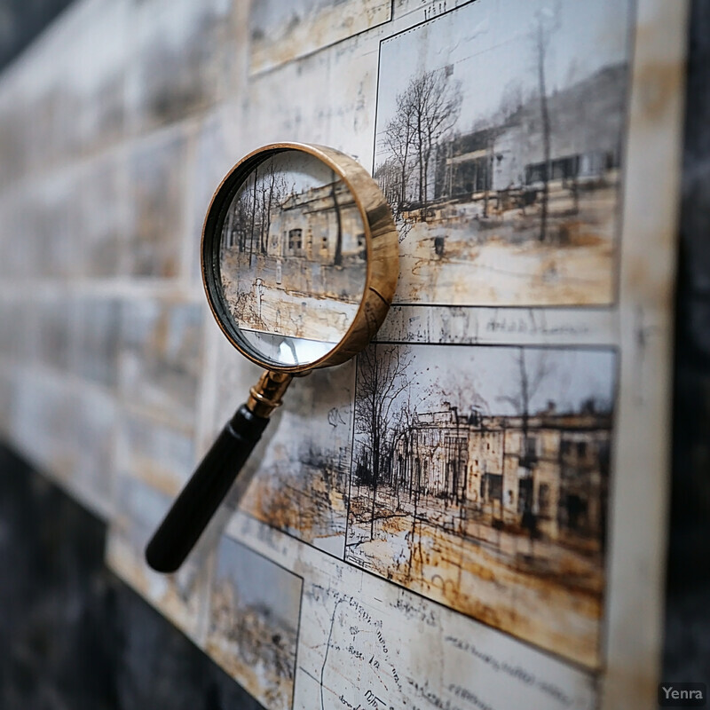 A magnifying glass is placed in front of a wall or surface covered with photographs or artwork.