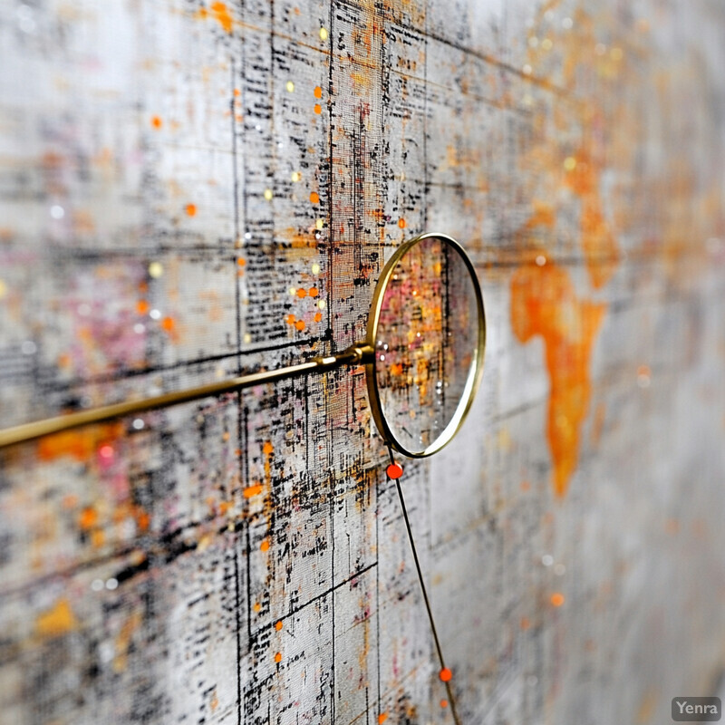 A close-up image of a magnifying glass placed against an abstract art painting