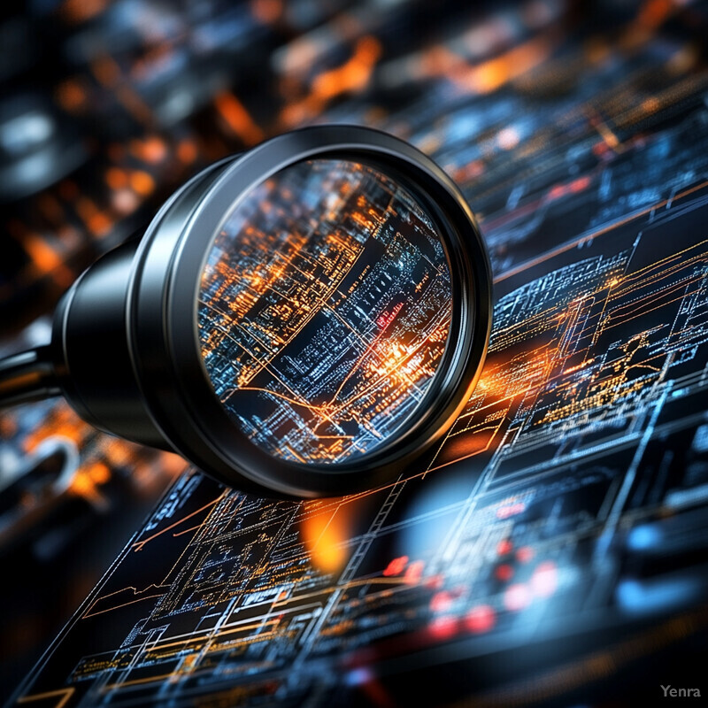 A magnifying glass reflects an intricate pattern of lines and symbols on a circuit board, set against a black background with orange and blue accents.