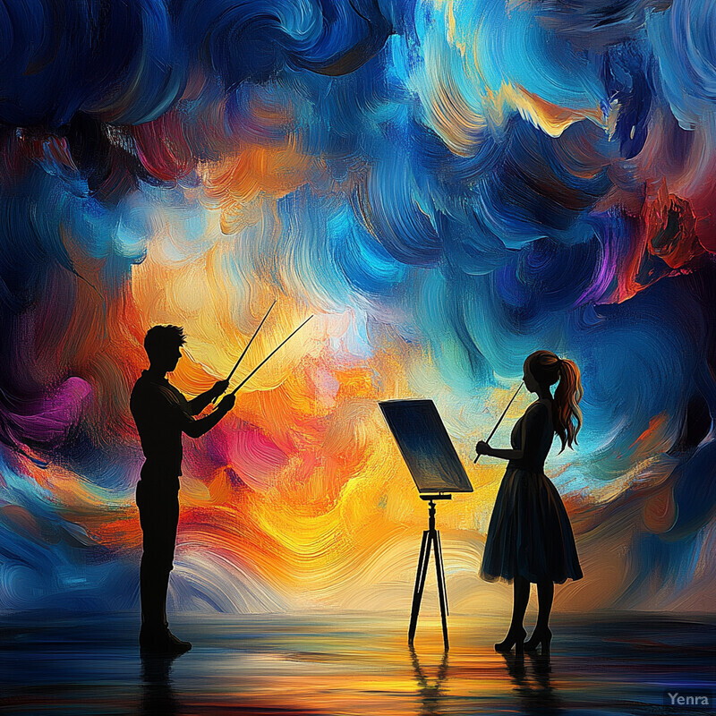 A man and woman are engaged in creative activities, with the man possibly conducting or leading a performance.