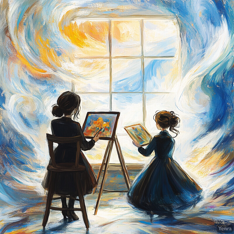 Two women paint at an easel in front of a window.