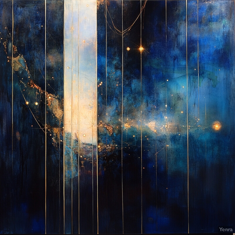 An abstract painting on canvas featuring black, blue, and gold colors with subtle white accents.