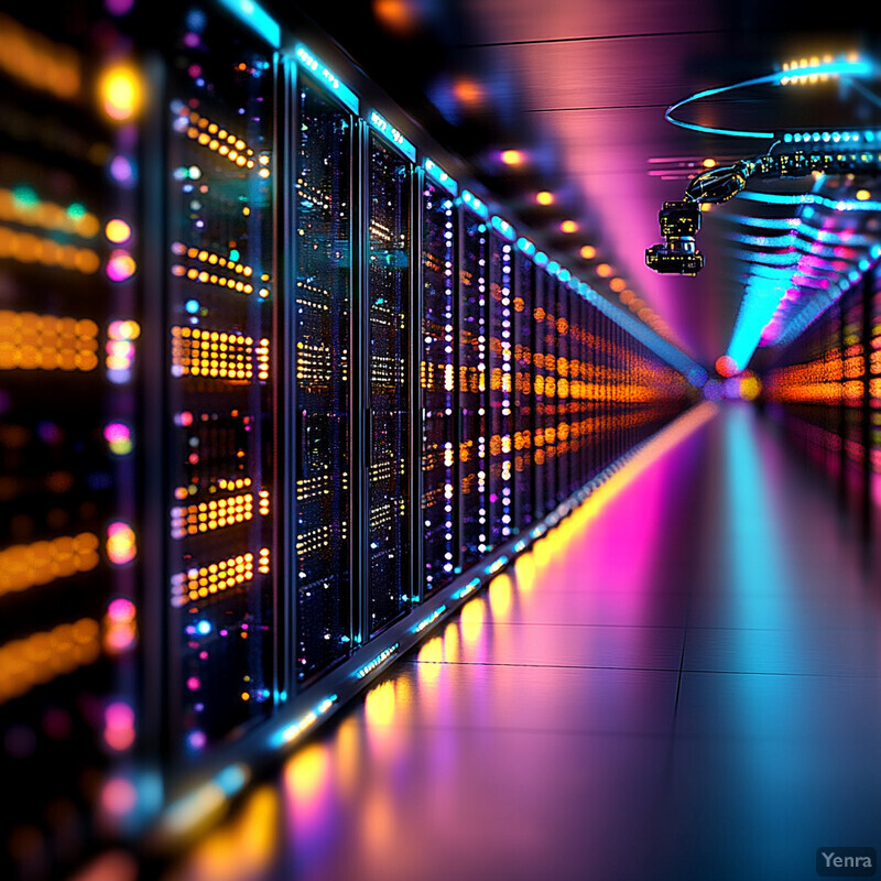 A server room with rows of servers and cables running along the floor.