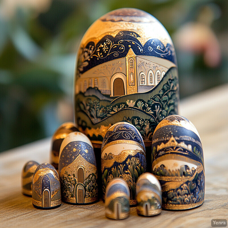 A collection of Russian nesting dolls on a light-colored wooden surface, featuring intricate designs and colors.