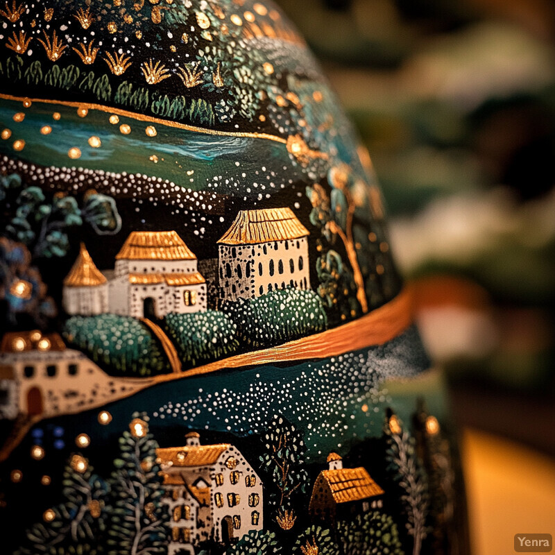 An intricately painted ceramic bowl or vase featuring European-style houses and buildings nestled among trees in a style reminiscent of Russian folk art.