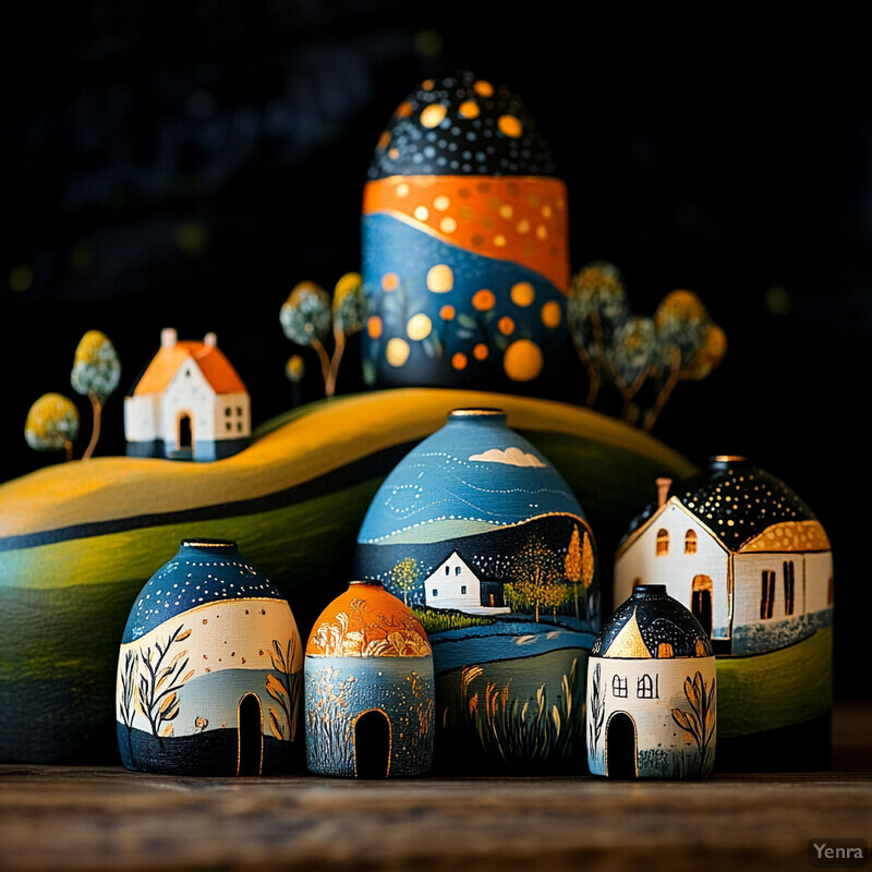 A collection of intricately designed ceramic vases, each showcasing a unique landscape, placed on a wooden surface.