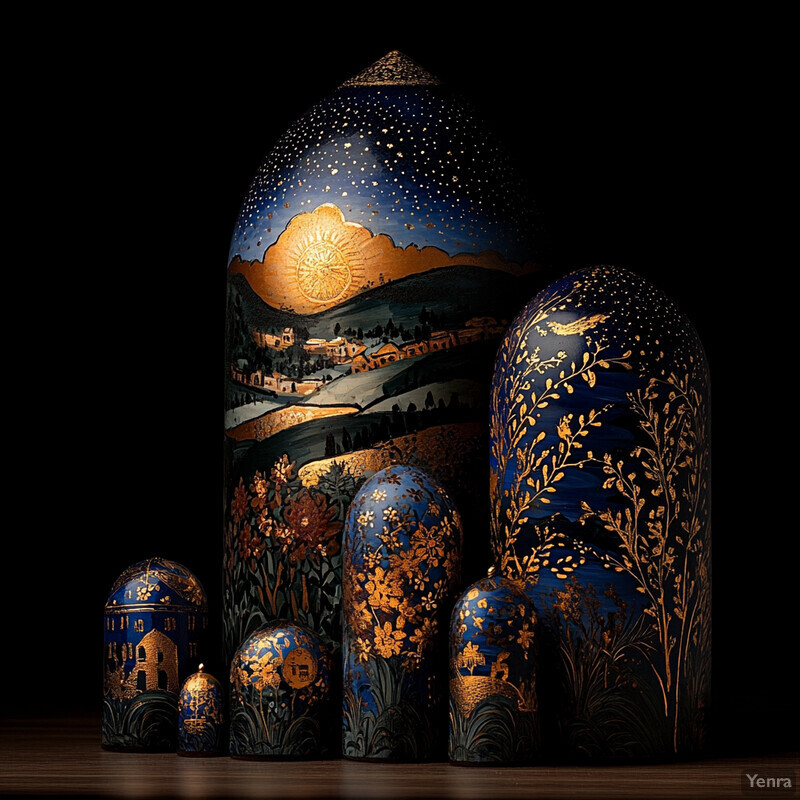 A collection of intricately painted Russian nesting dolls arranged on a wooden surface.