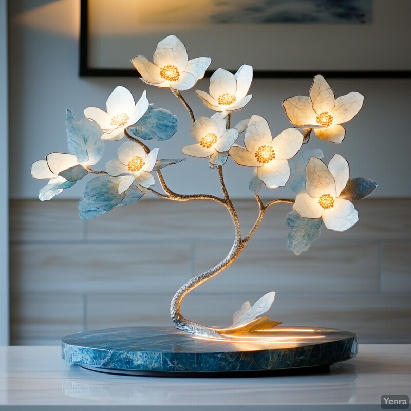 A decorative lamp with white flowers on a table or countertop in front of a wall with a framed picture.