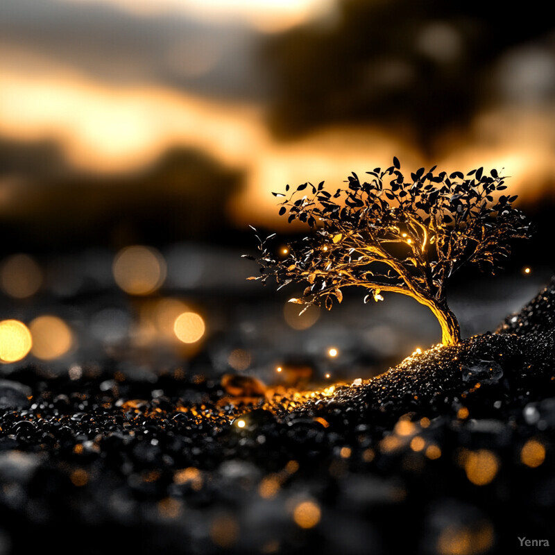 A small tree with a curved trunk and sparse foliage growing out of rocky terrain, illuminated by an orange glow.