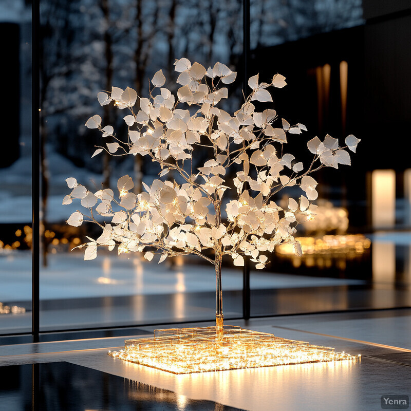 A glass sculpture of a tree with white leaves and lights in front of a large window or glass wall.