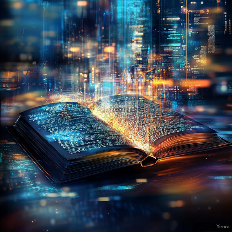 An open book emitting a radiant glow, set against a cityscape backdrop.