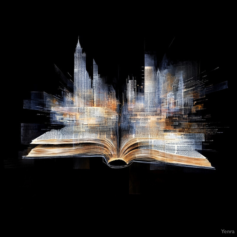 An abstract representation of knowledge and learning, with an open book in the foreground and a cityscape in the background.