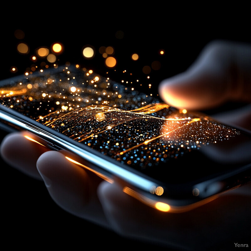 A close-up of a hand holding a smartphone with a gold pattern on its screen.