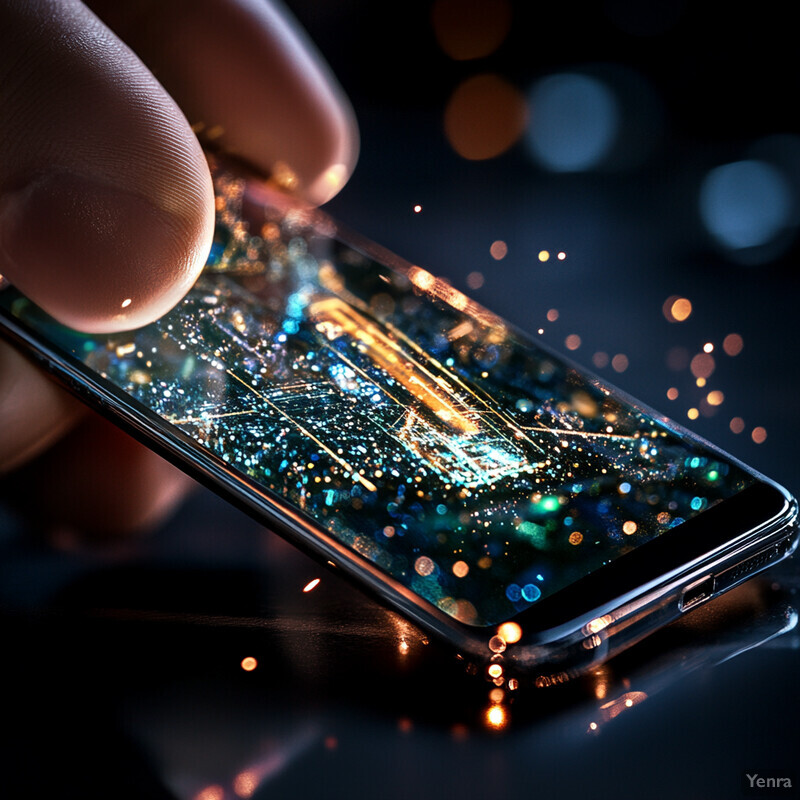 A hand holds a smartphone with an illuminated screen, set against a dark background.