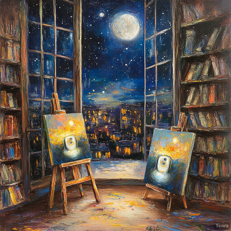 A serene and imaginative scene of two paintings on easels in front of a window with a city skyline view at night.