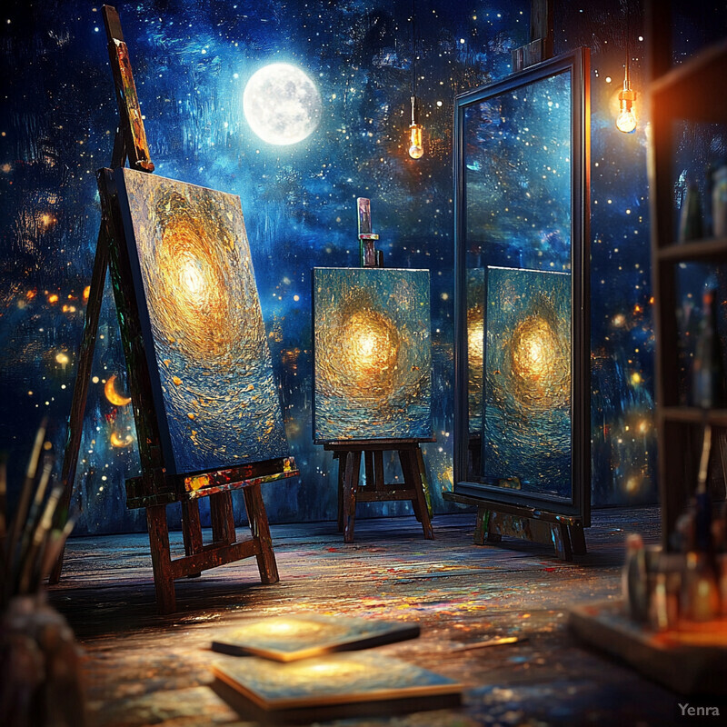 An artist's studio filled with art supplies and canvases of different sizes, illuminated by a full moon.