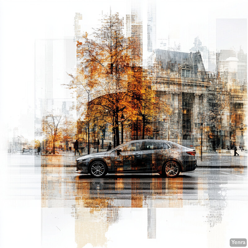 A modern sedan drives down a wet city street with trees in the background.