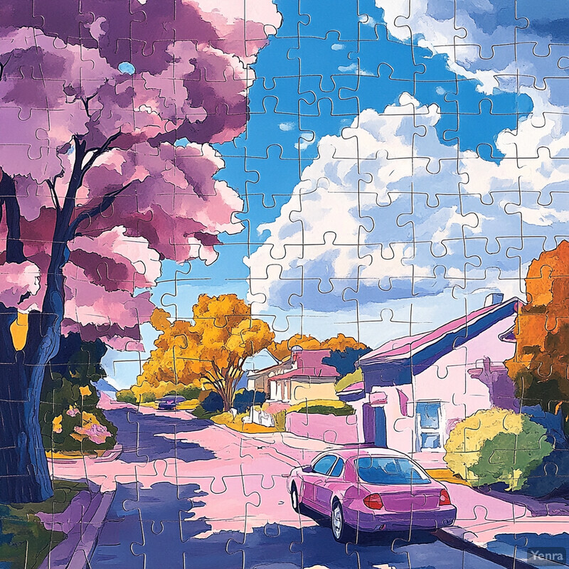 A serene neighborhood scene with a pink car parked in front of a house under a sky blue sky with white clouds.