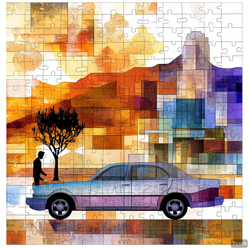 A desert scene with a car, tree, and person, set against an off-white sky.