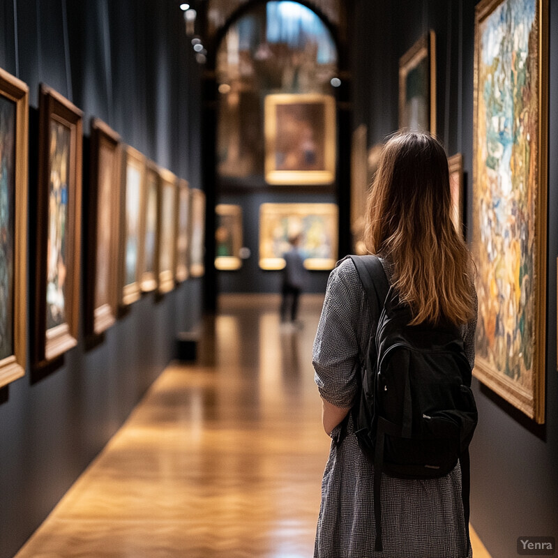 A woman stands in an art gallery, admiring oil paintings on the wall.