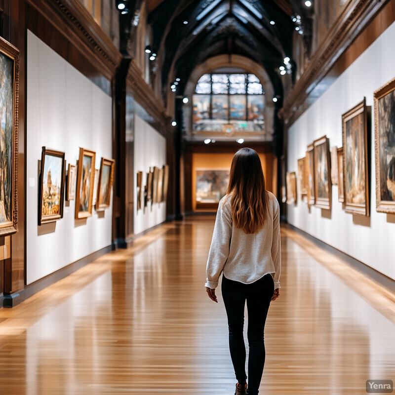 A woman walks through an art gallery or museum surrounded by numerous paintings and artwork on display.