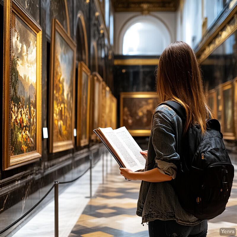 A woman stands in an art gallery or museum, surrounded by numerous paintings and admiring the artwork while reading a book.