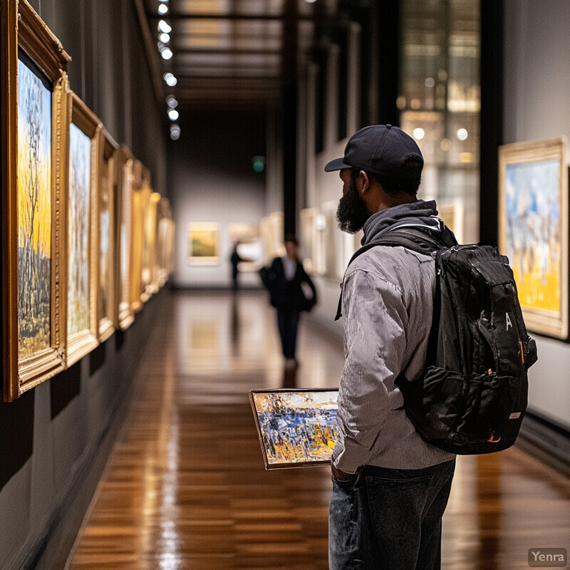 A man stands in an art gallery, gazing at a painting on display.